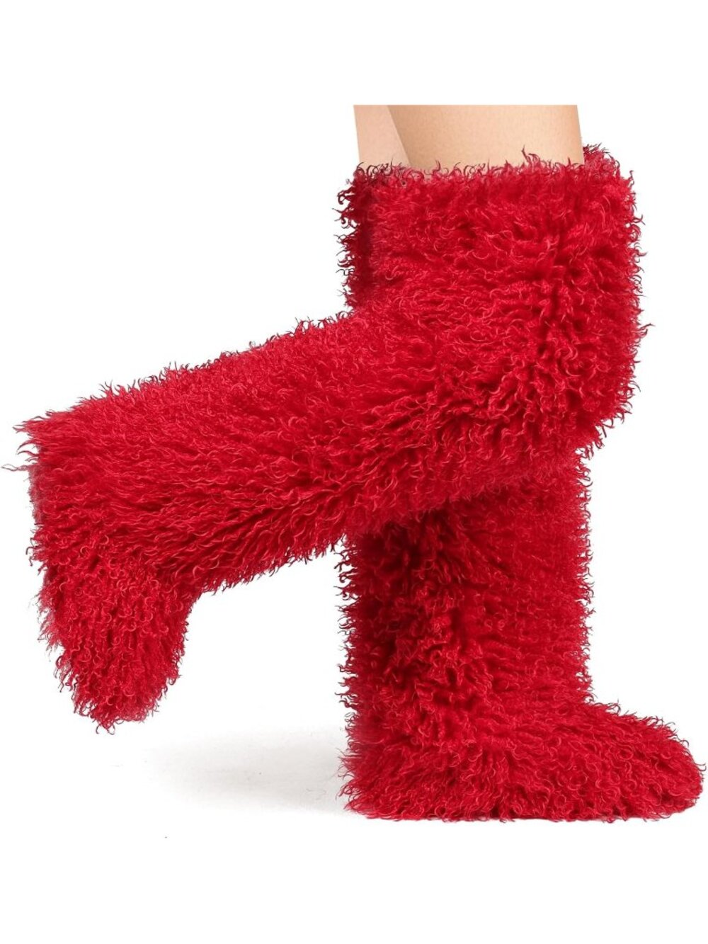 Women's Hot Red Shaggy Faux Furry Fuzzy Fluffy Flat Knee-High Slouchy Snow Boot
